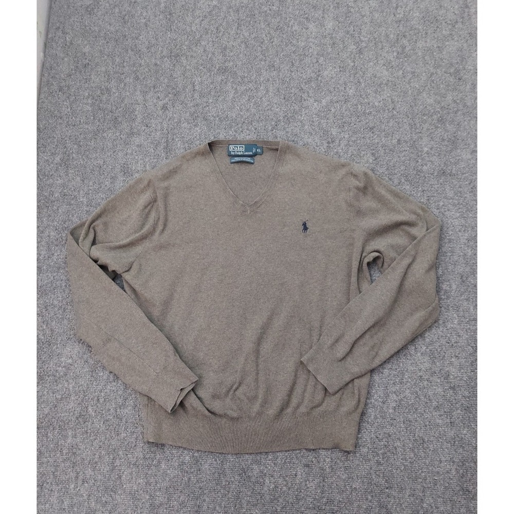 Polo Ralph Lauren Sweater Mens XL Gray Olive V Neck Pony Vtg Pima Cotton